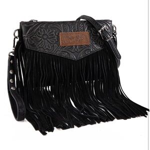 Wrangler Black Floral Embossed Fringe Wristlet